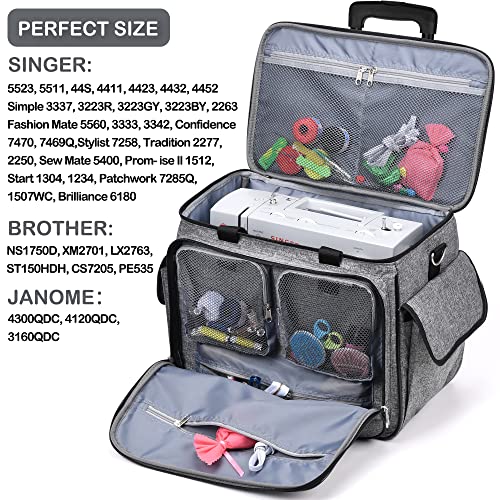CAB55 Rolling Sewing Machine Case, Detachable Rolling Sewing Machine Carrying Case on Wheels, Trolley Tote Bag with Removable Bottom Wooden Board for Most Standard Sewing Machine and Accessories-Gray - Image 2