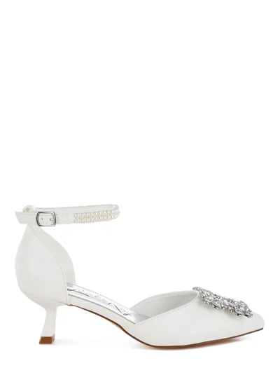 London Rag Diamante Brooch Kitten Heel Sandals in White