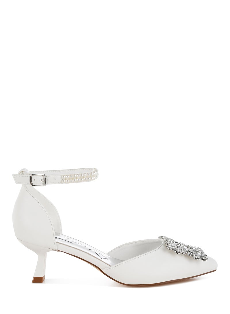 London Rag Diamante Brooch Kitten Heel Sandals in White  - Image 1
