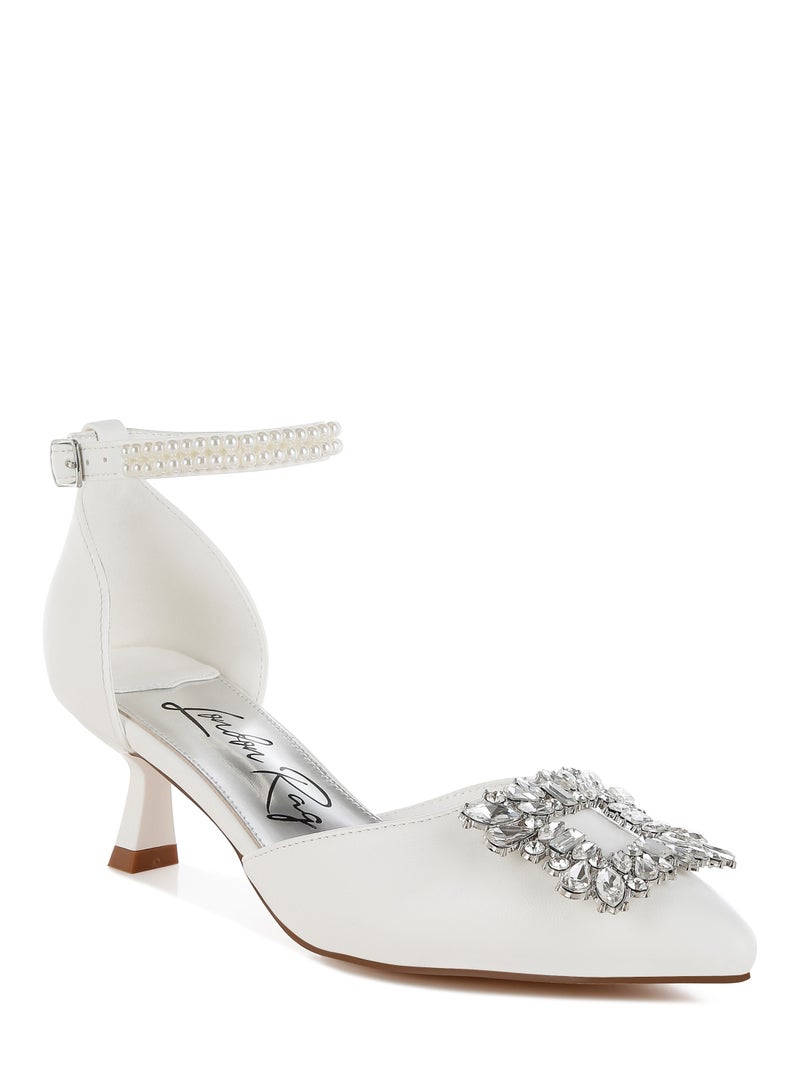 London Rag Diamante Brooch Kitten Heel Sandals in White  - Image 2