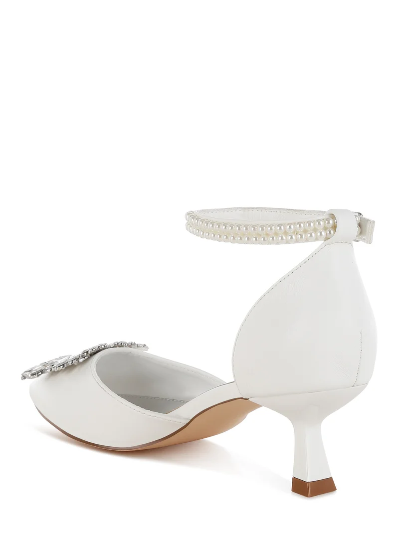 London Rag Diamante Brooch Kitten Heel Sandals in White