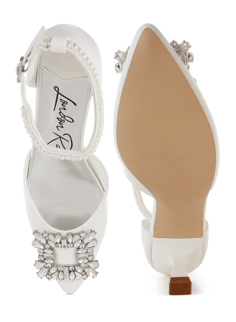 London Rag Diamante Brooch Kitten Heel Sandals in White