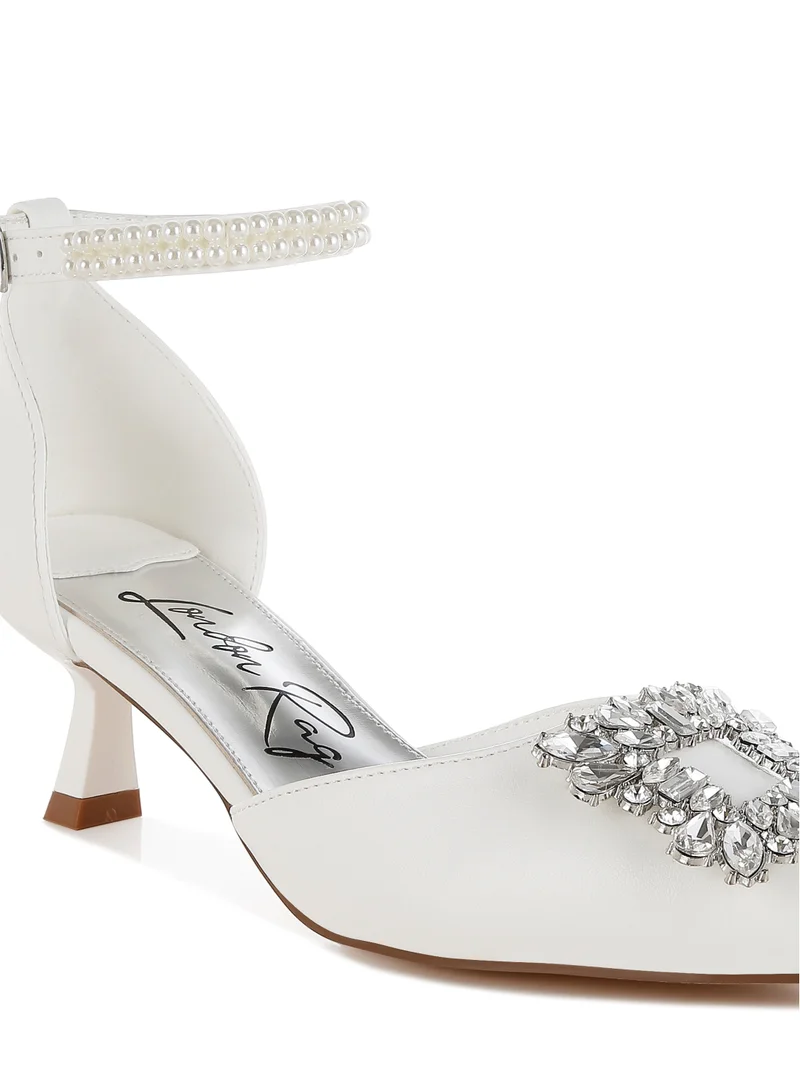 London Rag Diamante Brooch Kitten Heel Sandals in White