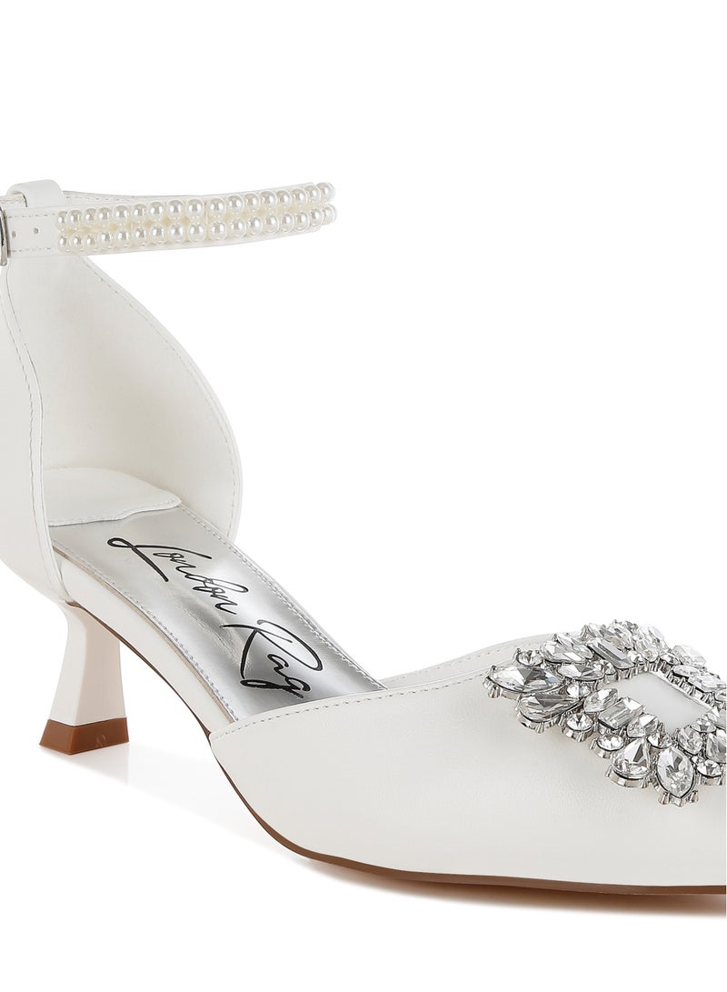 London Rag Diamante Brooch Kitten Heel Sandals in White  - Image 5
