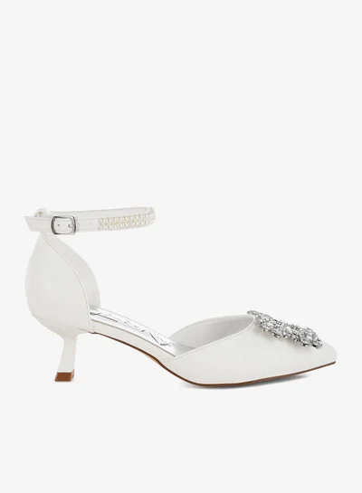 London Rag Diamante Brooch Kitten Heel Sandals in White