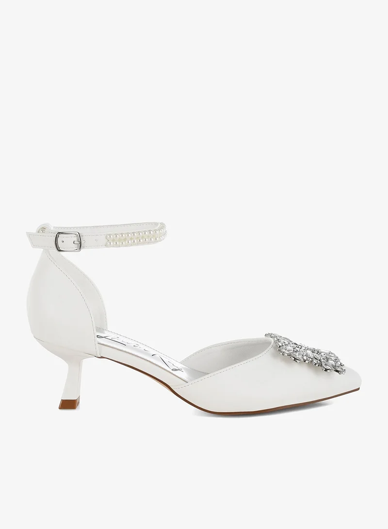 Diamante Brooch Kitten Heel Sandals in White