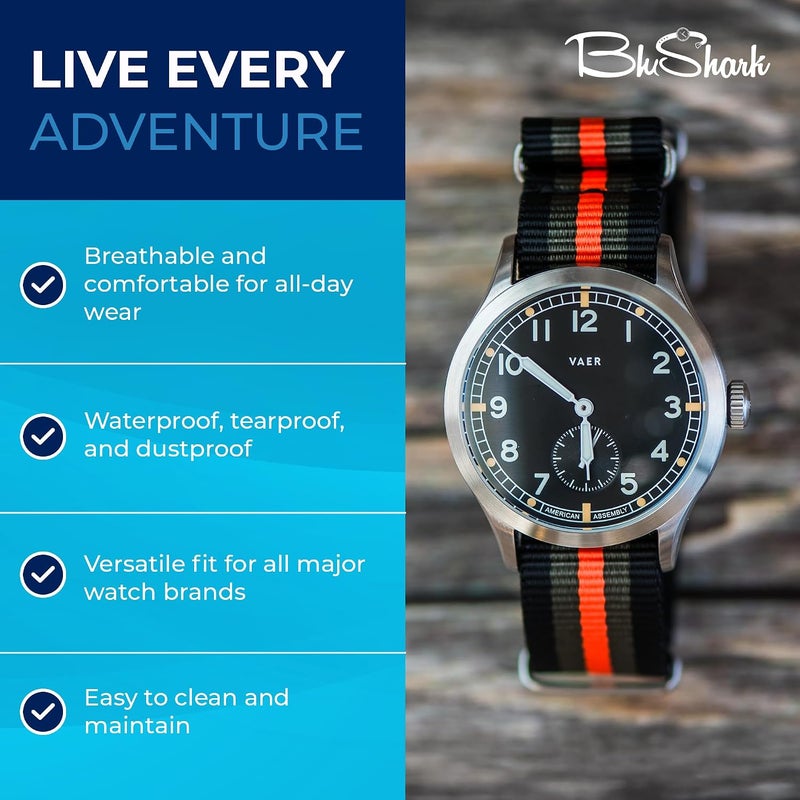 بلو شارك بلوشارك ()، حزام ساعة مقاوم للماء بستايل عسكري، يناسب جميع ماركات الساعات، مصنوع من نايلون متين مع مشبك من الفولاذ المقاوم للصدأ - أقطار حز��م الساعة: 18 مم، 20 مم، 22 مم، و24 مم. - Image 4