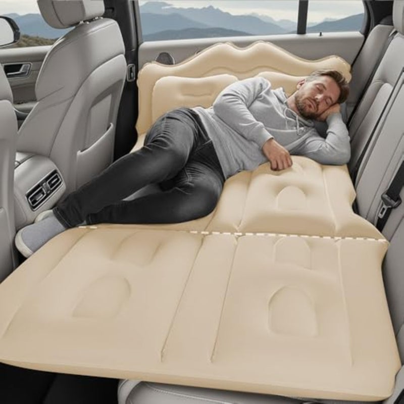 Car Air Mattress - Upgraded Foldable Inflatable Back Seat Air Mattress - Inflatable Thickened Car Air Bed with Electric Air Pump, for Sedan/Truck/SUV Beige - Image 4
