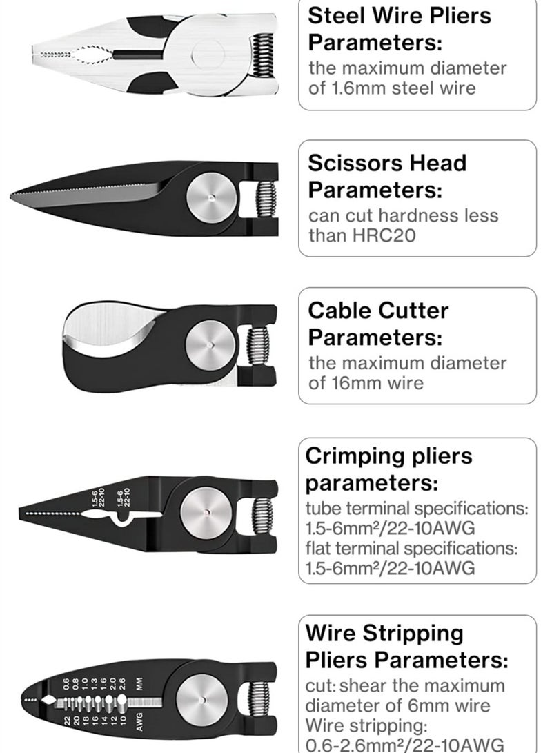 5 In 1 Combination Interchangeable Pliers Kit,8" Wire Stripper, Wire Crimper/Wire Crimping Tool, Electrician Pliers/Linesman Pliers, Cable Cutting, Wire Cutter, Tin Cutting Scissors - Image 2