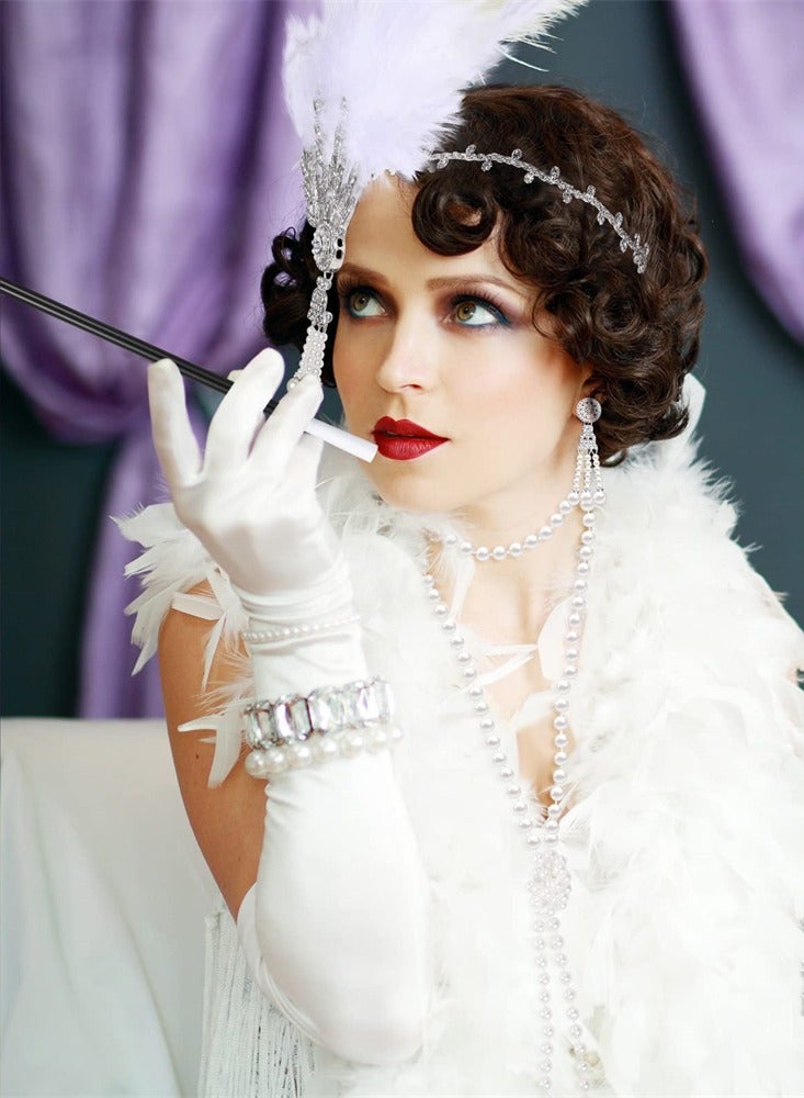 Excefore 1920s Flapper Costume Accessories Set, Gatsby Costume Accessories Set for Women 20s Headpiece Earrings Gloves Holder Pearl Necklace and Feather Fan  - Image 5