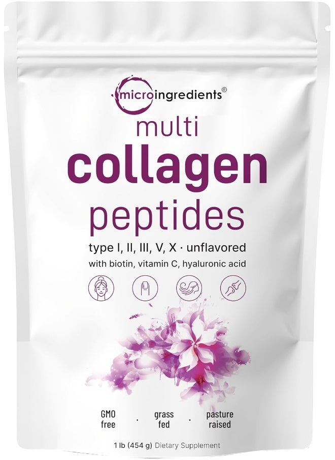 Micro Ingredients Multi Collagen Peptides Powder, 1 Pound 16 Ounce - Type I,Ii,Iii,V,X With Biotin 10,000Mcg, Hyaluronic Acid, Vitamin C - Unflavored - Keto And Paleo Friendly, Easy Dissolve, Non-Gmo  - Image 1