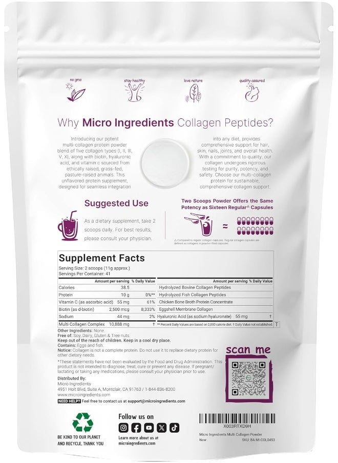 Micro Ingredients Multi Collagen Peptides Powder, 1 Pound 16 Ounce - Type I,Ii,Iii,V,X With Biotin 10,000Mcg, Hyaluronic Acid, Vitamin C - Unflavored - Keto And Paleo Friendly, Easy Dissolve, Non-Gmo  - Image 4