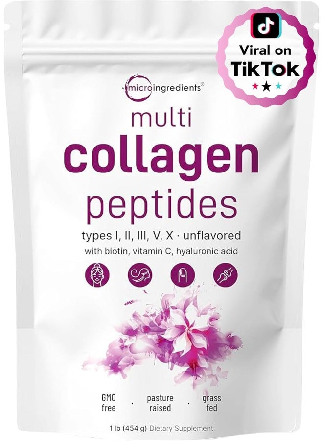 Micro Ingredients Multi Collagen Peptides Powder, 1 Pound (16 Ounce) - Type I,II,III,V,X with Biotin 10,000mcg, Hyaluronic Acid, Vitamin C - Unflavored - Keto & Paleo Friendly, Easy Dissolve, Non-GMO, Gluten Free  - Image 1
