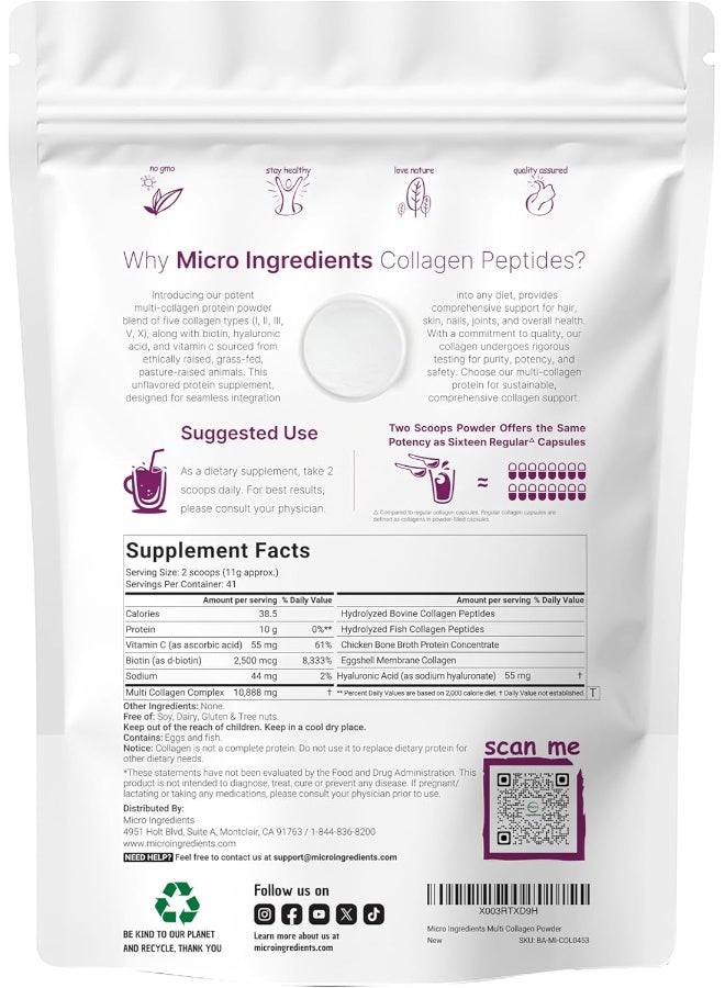 Micro Ingredients Multi Collagen Peptides Powder, 1 Pound (16 Ounce) - Type I,II,III,V,X with Biotin 10,000mcg, Hyaluronic Acid, Vitamin C - Unflavored - Keto & Paleo Friendly, Easy Dissolve, Non-GMO, Gluten Free  - Image 2