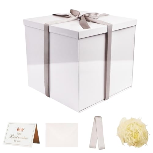 UoeRing Glossy White Large Gift Box 1Pcs 12x12x11 InchGift Box with Lid for Presents BirthdaysChristmas Valentines DayMothers Day with Ribbon Card Envelope Shredded Paper Fill - Image 1