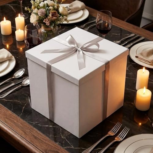 UoeRing Glossy White Large Gift Box 1Pcs 12x12x11 InchGift Box with Lid for Presents BirthdaysChristmas Valentines DayMothers Day with Ribbon Card Envelope Shredded Paper Fill - Image 3