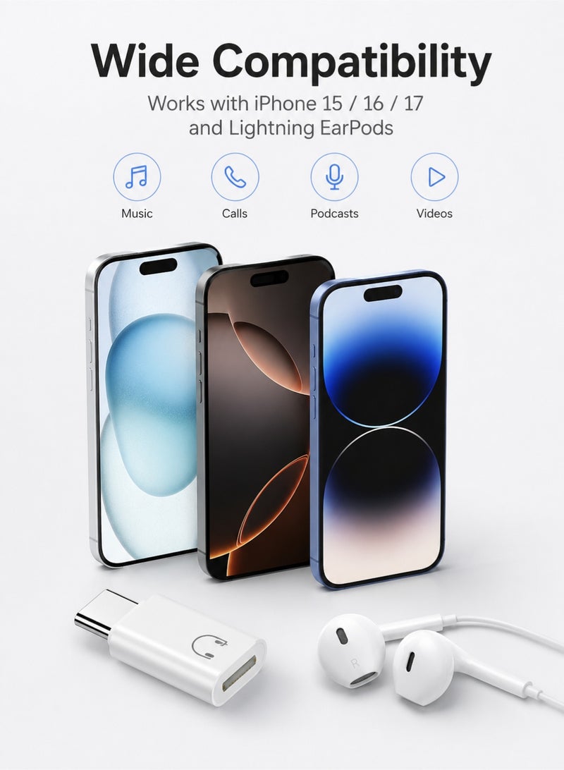 اوليو محول صوت USB-C إلى Lightning للآيفون 15 16 17 – محول سماعات عالي الجودة بتقنية DAC صوت Hi-Fi، يدعم Earpods وسماعات الرأس، تشغيل فوري بدون تأخير، تصميم صغير ومتين - Image 3