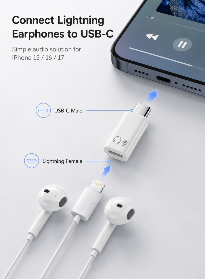 اوليو محول صوت USB-C إلى Lightning للآيفون 15 16 17 – محول سماعات عالي الجودة بتقنية DAC صوت Hi-Fi، يدعم Earpods وسماعات الرأس، تشغيل فوري بدون تأخير، تصميم صغير ومتين - Image 2