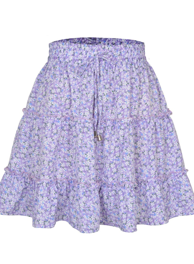Loquat New Women's High-waisted Floral Half Skirt Peplum Printed A-Line Short Skirt