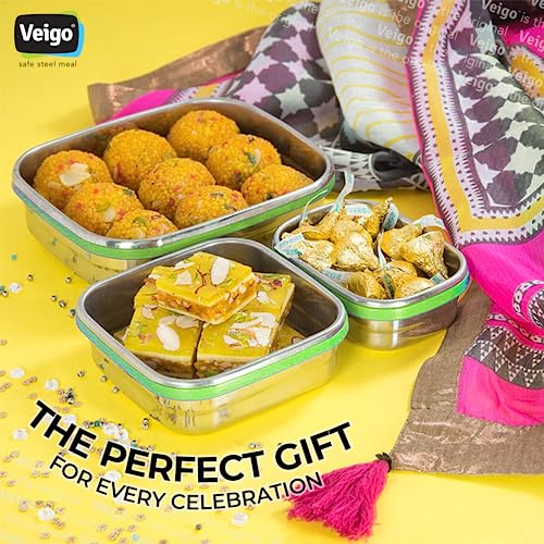Veigo Lock N Steel 100% Air Tight 3 Pcs Celebration Gift Pack, Green, 1140ml - Image 2