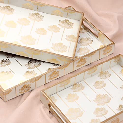 DULI Rectangular Set of 3 MDF Wood Enamel Coated Multipurpose Trays| Serving Tray For Home & Dining Table (15x9,13x8 & 11x7 Inches) (Setof3- GoldLotus), Multipurpose Serving Tray - Image 2