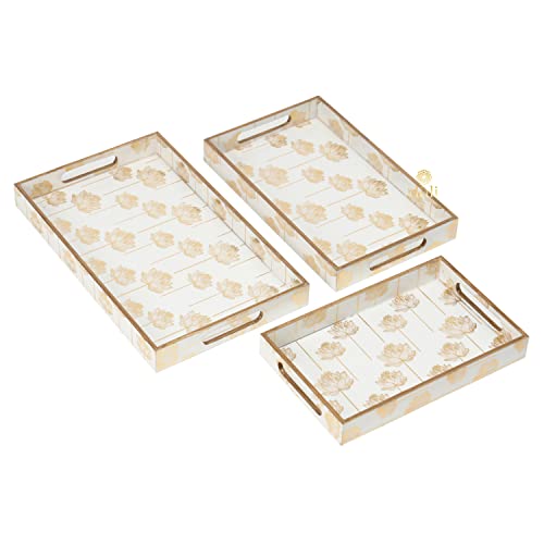 DULI Rectangular Set of 3 MDF Wood Enamel Coated Multipurpose Trays| Serving Tray For Home & Dining Table (15x9,13x8 & 11x7 Inches) (Setof3- GoldLotus), Multipurpose Serving Tray - Image 3