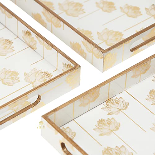 DULI Rectangular Set of 3 MDF Wood Enamel Coated Multipurpose Trays| Serving Tray For Home & Dining Table (15x9,13x8 & 11x7 Inches) (Setof3- GoldLotus), Multipurpose Serving Tray - Image 4