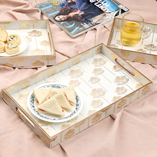DULI Rectangular Set of 3 MDF Wood Enamel Coated Multipurpose Trays| Serving Tray For Home & Dining Table (15x9,13x8 & 11x7 Inches) (Setof3- GoldLotus), Multipurpose Serving Tray - Image 1