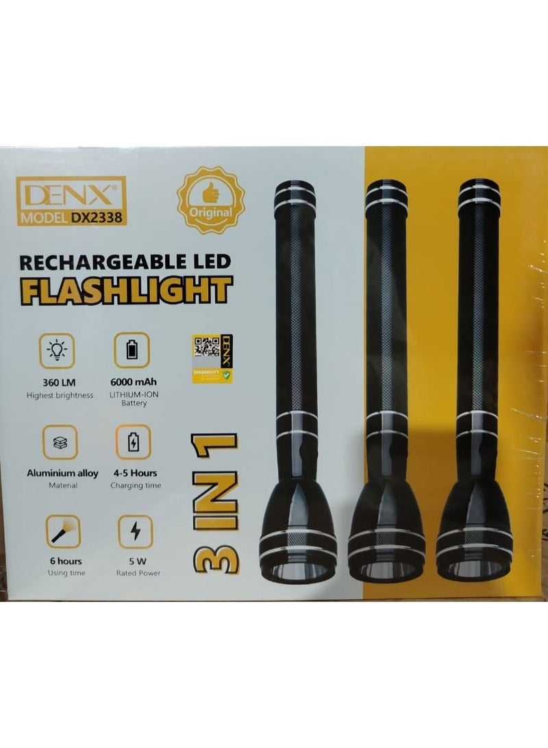 دينكس كشاف 3 في 1 LED قابل للشحن DENX DX2338 قوي، متين مع بطارية 6000 مللي أمبير - Image 1