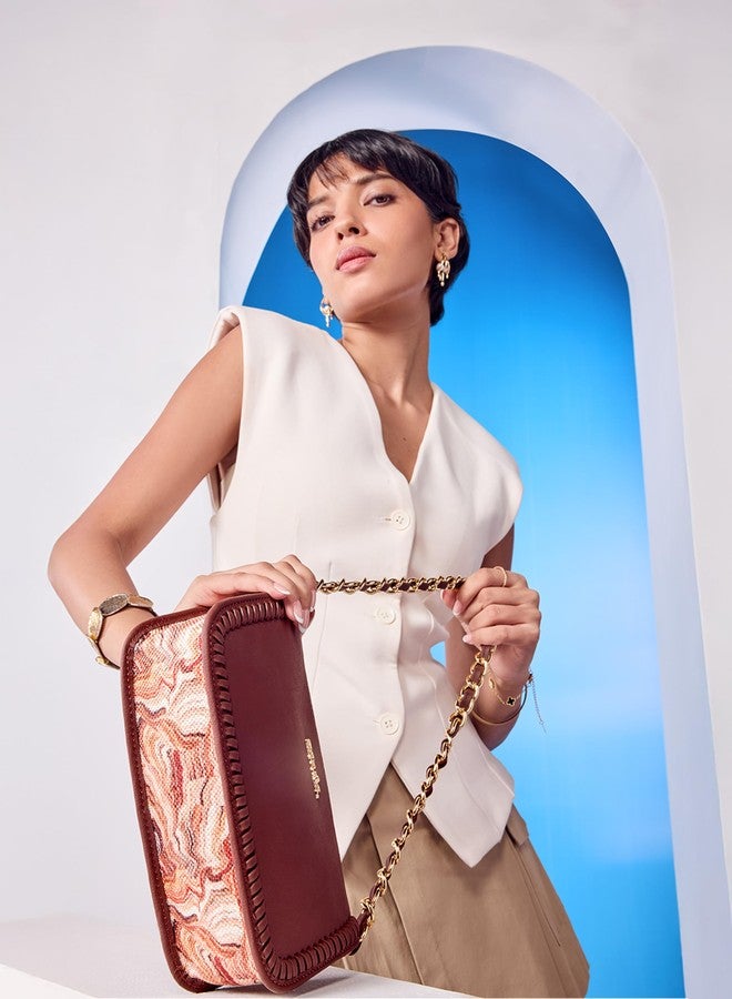 ZOUK Small Shoulder Bag Bag for Women | Stylish Vegan Leather Shoulder Bag with Gold Chain Handle | Water-Resistant | Chic & Handcrafted Purse | Nicobar Coral - Image 2