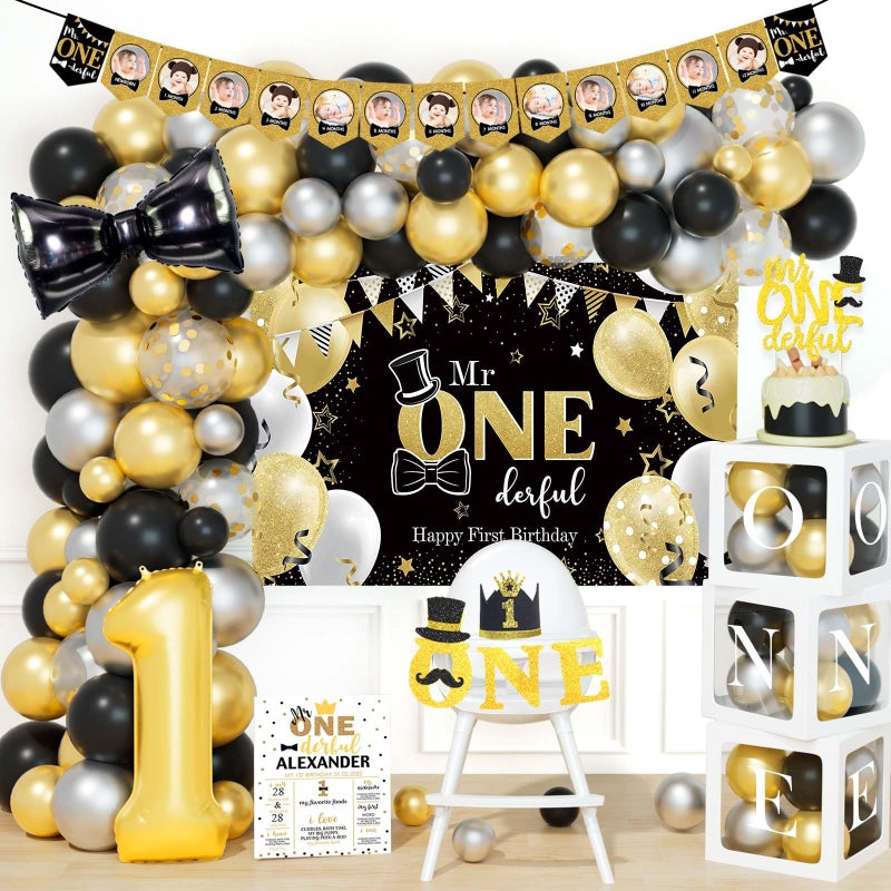 Hombae Mr Onederful 1st Birthday Decorations Boys First Black Gold Little Man Party Decorations Backdrop Balloon Photo Highchair Banner Box Cutout Cake Topper Crown Poster