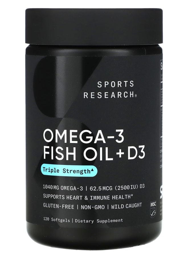 SPORTS RESEARCH - Omega3 Fish Oil + D3 Triple Strength  1040 mg & 62.5 mcg (2500 IU) 120 Softgels - Image 1