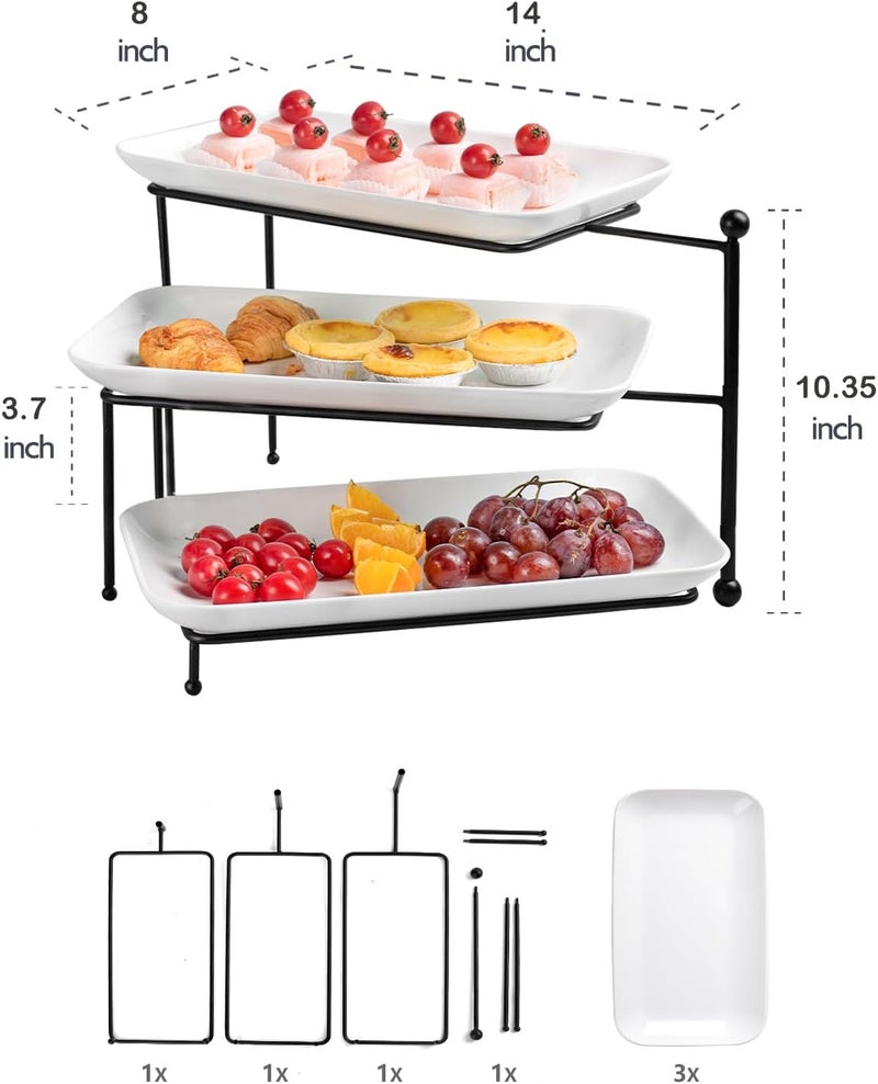 Dizada 3 Tiered Serving Tray with White Porcelain PlattersTiered Serving Stand Food Display Stand Tiered Serving Trays  Platters Rotatable Foldable Rectangular Plates for Dessert Brithday Party  Events - Image 4