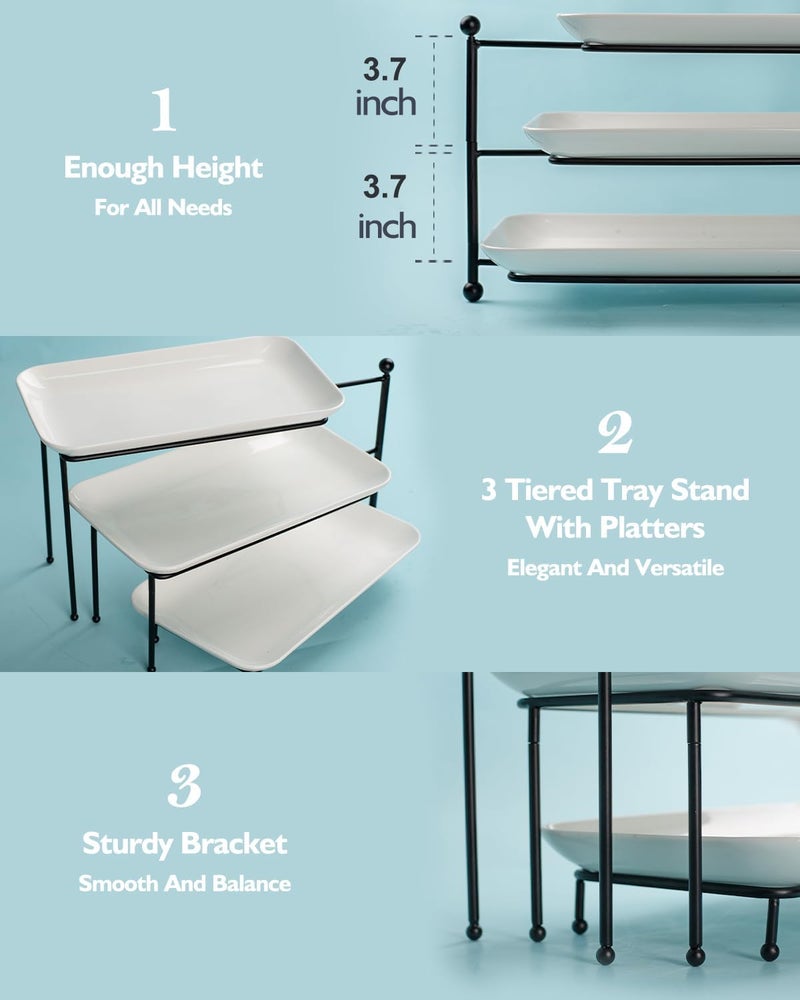 Dizada 3 Tiered Serving Tray with White Porcelain PlattersTiered Serving Stand Food Display Stand Tiered Serving Trays  Platters Rotatable Foldable Rectangular Plates for Dessert Brithday Party  Events - Image 5
