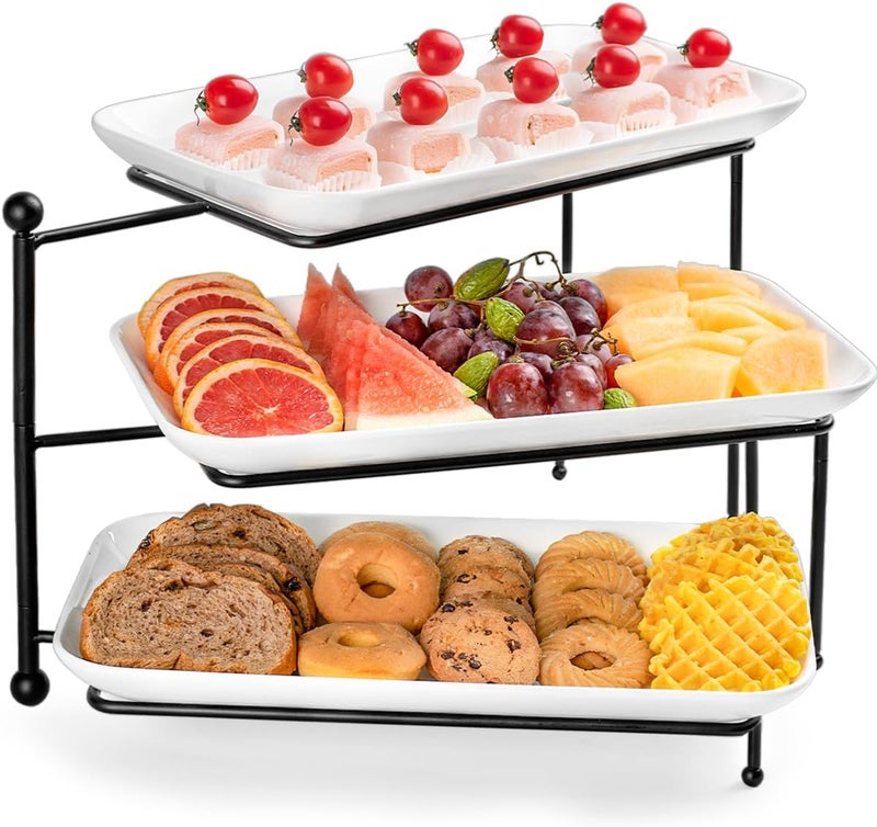 Dizada 3 Tiered Serving Tray with White Porcelain PlattersTiered Serving Stand Food Display Stand Tiered Serving Trays  Platters Rotatable Foldable Rectangular Plates for Dessert Brithday Party  Events - Image 1
