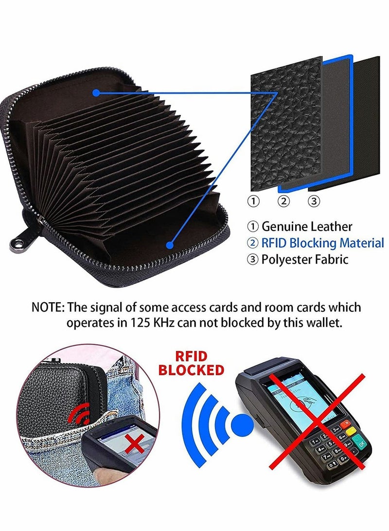 Y&D Card Cases, RFID 20 Slots Credit Holder Genuine Leather Small Case for Women or Men Accordion Wallet with Zipper (Black) - Image 3