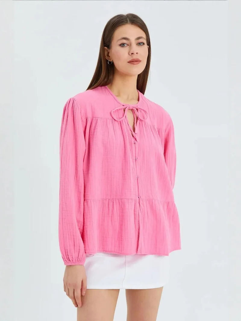 MixRay Mixray Long Sleeve Relaxed Fit Blouse with Tie-Neck