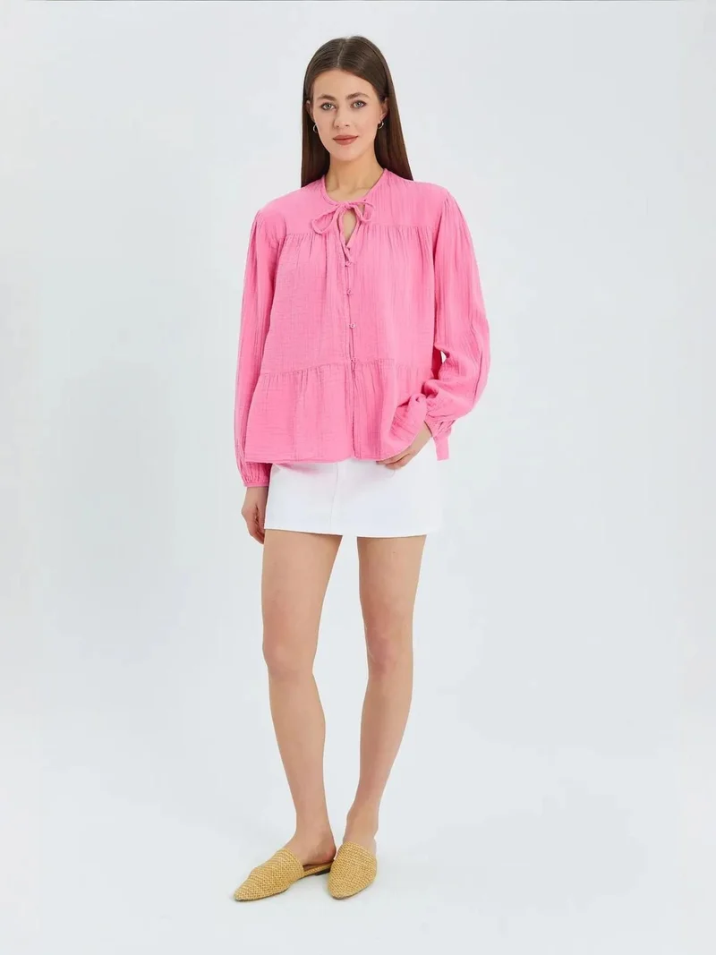 MixRay Mixray Long Sleeve Relaxed Fit Blouse with Tie-Neck