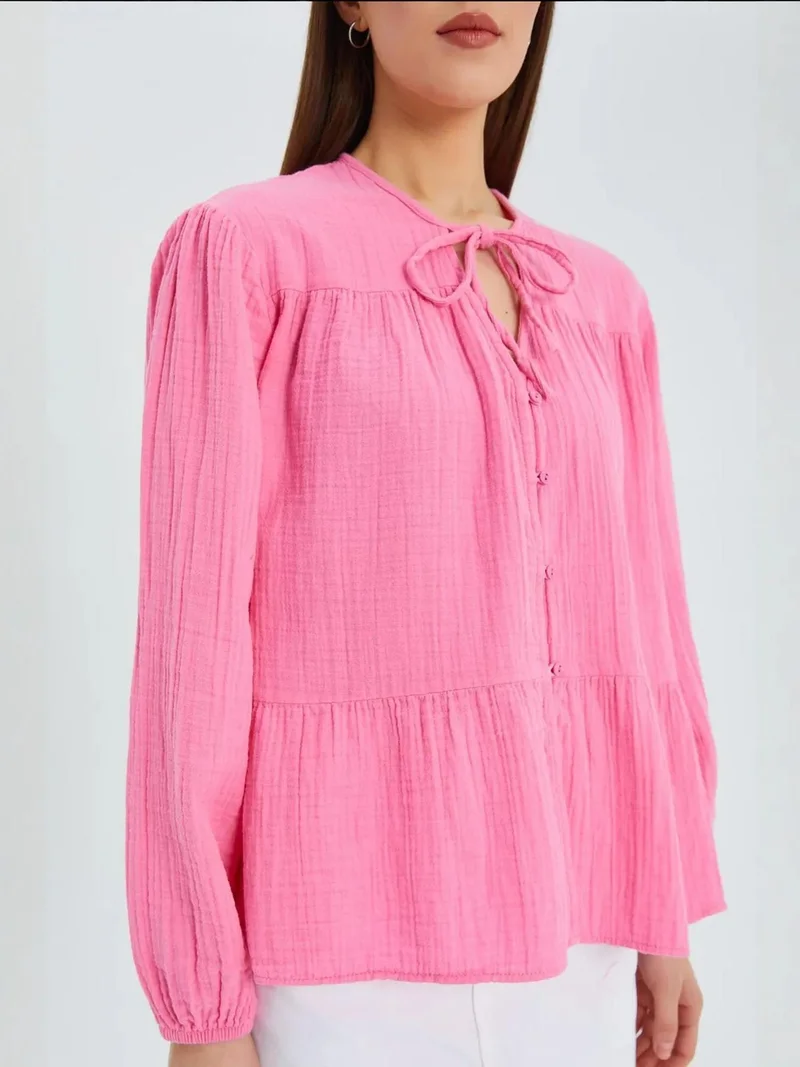 Mixray Powder Pink Mixray Long Sleeve Relaxed Fit Blouse with Tie-Neck for Women | Best Price UAE