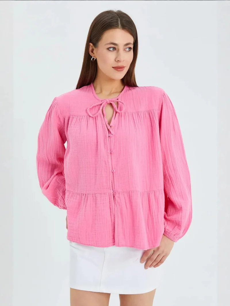Mixray Powder Pink Mixray Long Sleeve Relaxed Fit Blouse with Tie-Neck for Women | Best Price UAE