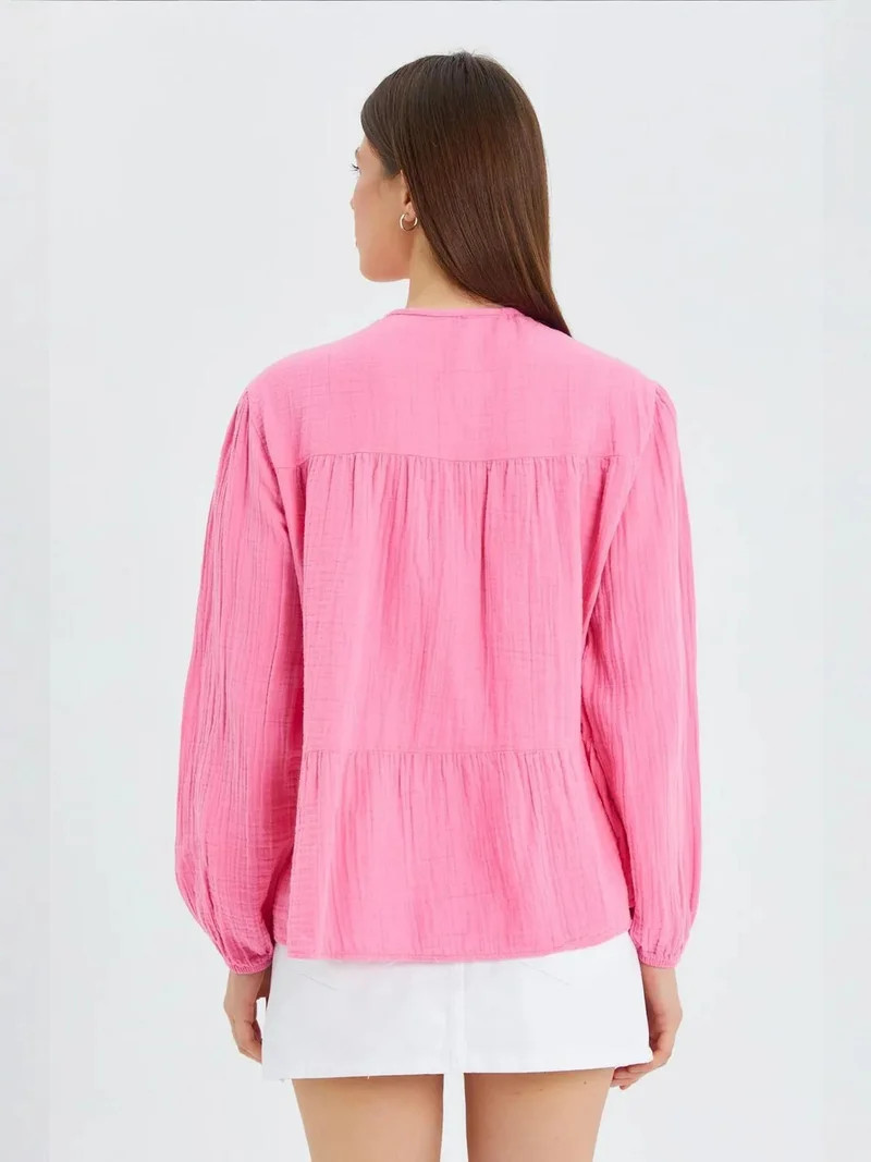Mixray Powder Pink Mixray Long Sleeve Relaxed Fit Blouse with Tie-Neck for Women | Best Price UAE