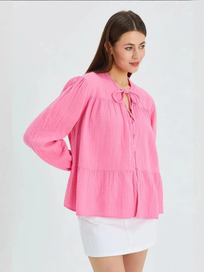 Mixray Powder Pink Mixray Long Sleeve Relaxed Fit Blouse with Tie-Neck for Women | Best Price UAE