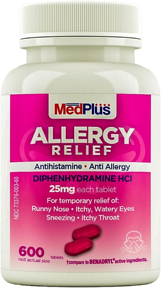 Medplus Allergy Relief Medicine, 25 mg, 600 Tablets | Diphenhydramine Hcl | Antihistamine | Relief for Indoor & Outdoor Allergies, Pink
