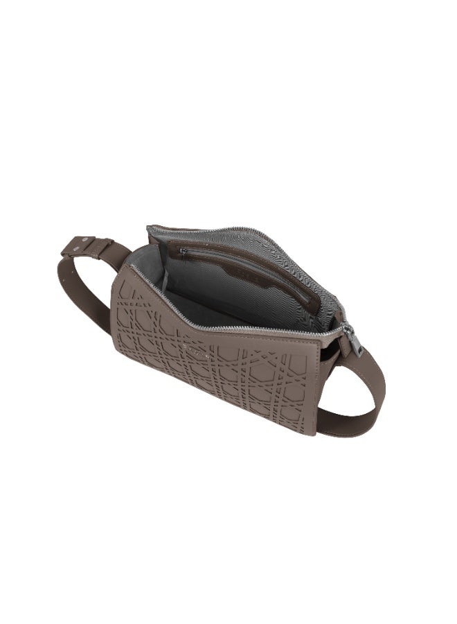 Foska Women's Structured Flap Shoulder Bag - Gold Clasp Top Handle - Greige - 28x18.5 cm - Image 4