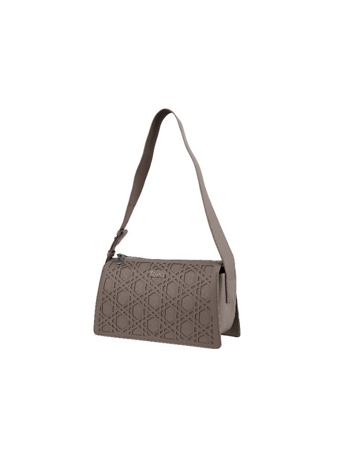 Foska Women's Structured Flap Shoulder Bag - Gold Clasp Top Handle - Greige - 28x18.5 cm - Image 1