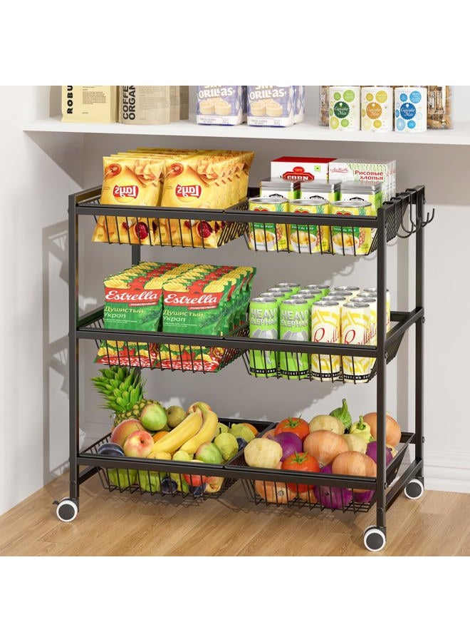 DAOUTIME 3-Tier Rolling Pantry Floor Organizer Cart with 6 Detachable Bakets, Metal Wire Fruit Basket Stand with Wheels, Kitchen Storage Cart for Fruit Vegetables, Snack Cart for Pantry Kitchen Living Room - Image 1