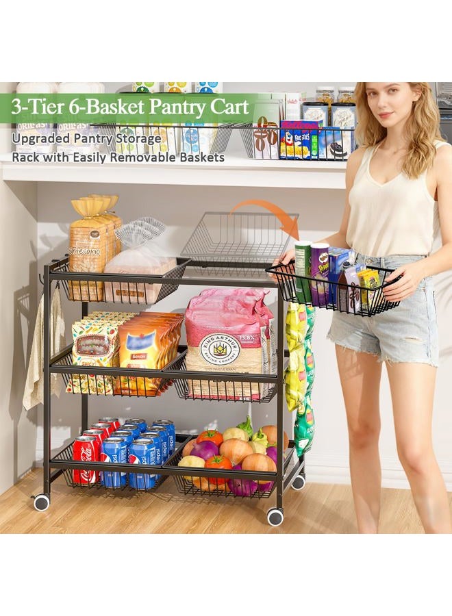 DAOUTIME 3-Tier Rolling Pantry Floor Organizer Cart with 6 Detachable Bakets, Metal Wire Fruit Basket Stand with Wheels, Kitchen Storage Cart for Fruit Vegetables, Snack Cart for Pantry Kitchen Living Room - Image 2