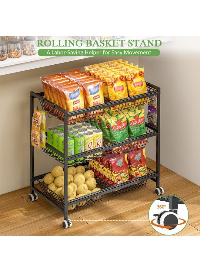 DAOUTIME 3-Tier Rolling Pantry Floor Organizer Cart with 6 Detachable Bakets, Metal Wire Fruit Basket Stand with Wheels, Kitchen Storage Cart for Fruit Vegetables, Snack Cart for Pantry Kitchen Living Room - Image 4
