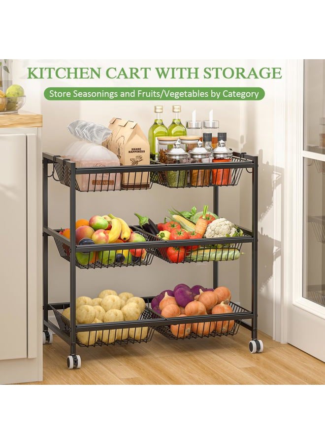 DAOUTIME 3-Tier Rolling Pantry Floor Organizer Cart with 6 Detachable Bakets, Metal Wire Fruit Basket Stand with Wheels, Kitchen Storage Cart for Fruit Vegetables, Snack Cart for Pantry Kitchen Living Room - Image 3