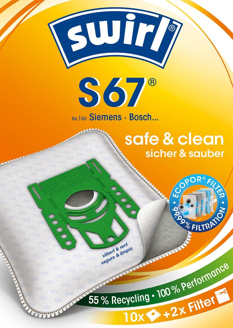 Swirl S 67 MicroPor Plus Vacuum Cleaner Bags for Bosch Lockable Holding Plate 10 pieces  2 Filters